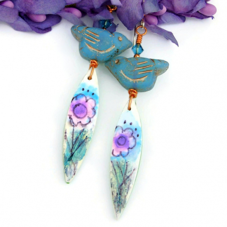 boho birds flowers earrings handmade gift for her