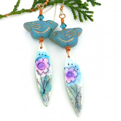 boho birds flowers jewelry handmade gift for her