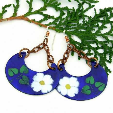 boho earrings floral flower blue white green yellow