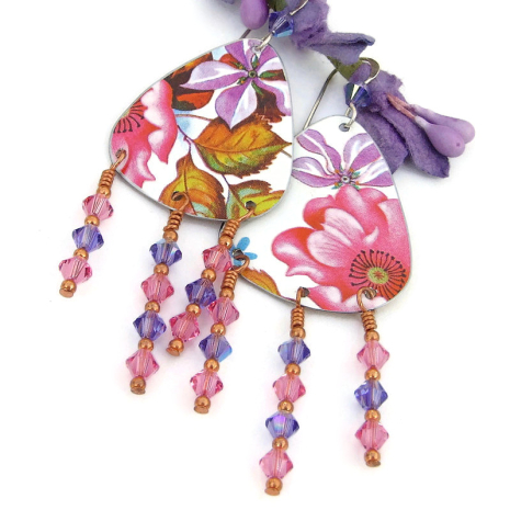 boho flower handmade earrings pink purple vintage tin swarovski crystals