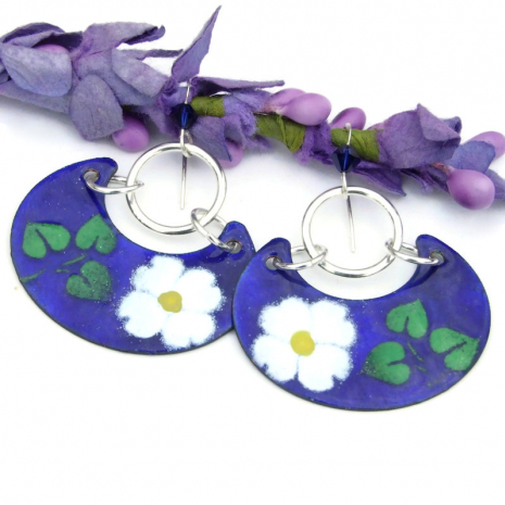 boho flower handmade enamel sterling earrings white daisies
