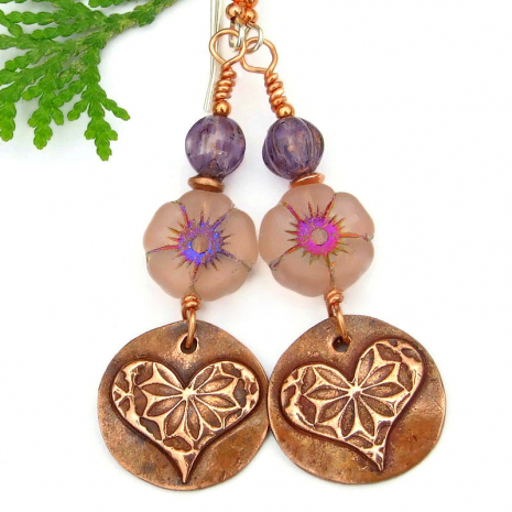 boho flower hearts copper earrings glass flowers handmade jewelry gift
