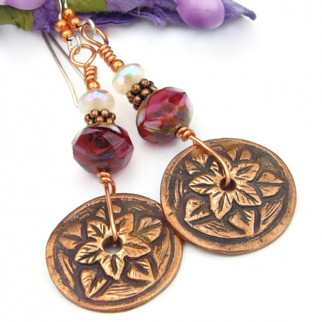 boho flower leaf earrings handmade copper czech glass