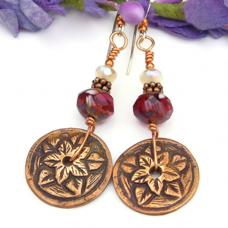 boho flower leaf jewelry handmade copper czech glass