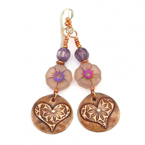 boho hearts flower earrings handmade gift for women