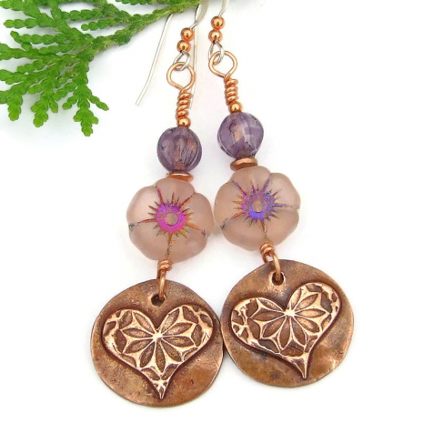 boho hearts flowers earrings handmade floral glass copper