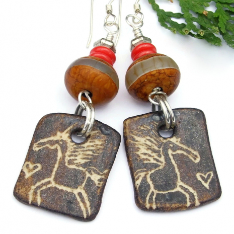 boho horse lover earrings horses ceramic tibetan agate jewelry gift