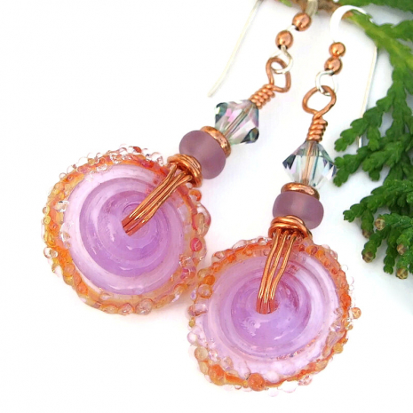 boho lampwork earrings lavender brown swarovski crystals