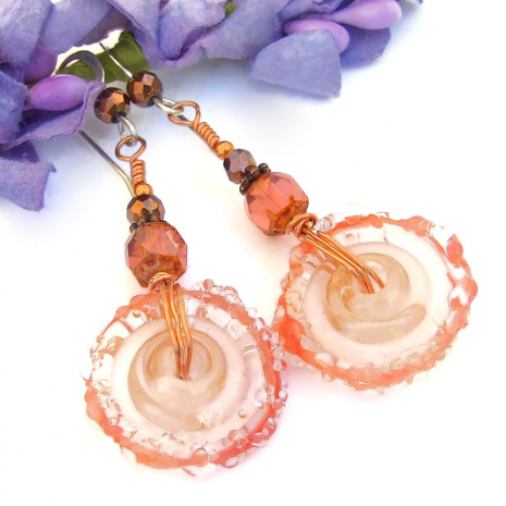 boho lampwork wheel disc handmade jewelry peach copper Czech glass