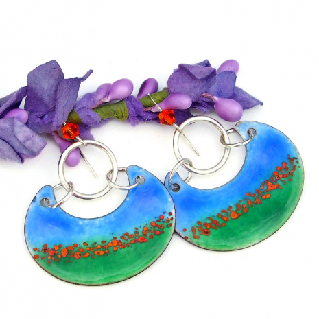 boho poppy flower handmade earrings orange blue green enamel