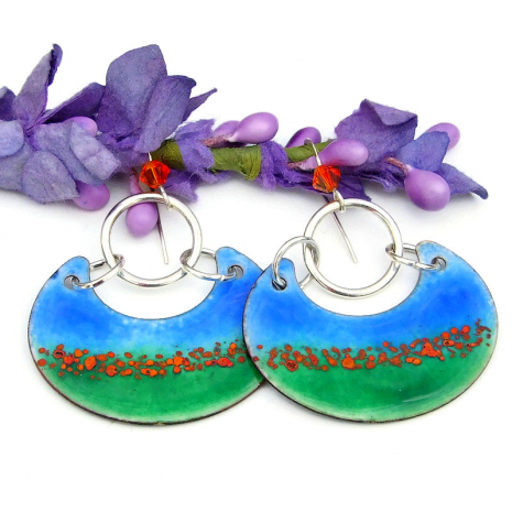 boho poppy flower handmade jewelry orange blue green enamel