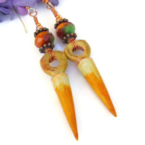 boho spike jewelry handmade orange faux wood