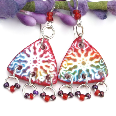 boho sun burst earrings handmade polymer clay red purple beads