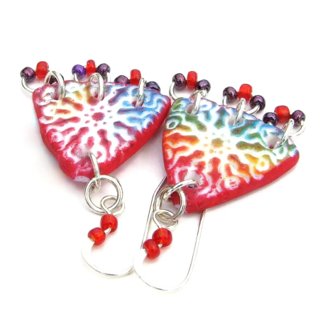 boho sun burst jewelry handmade polymer clay red purple beads