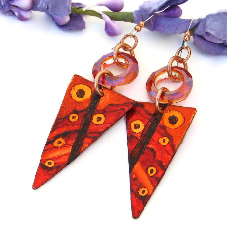 boho triangle dagger dangle earrings with swarovski crystals