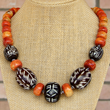 boho tribal jewelry kenyan carved brown white bone beads handmade gift for women