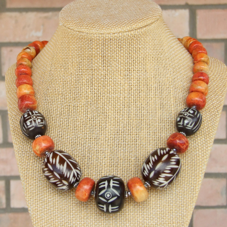 boho tribal necklace kenyan carved bone beads orange coral handmade gift