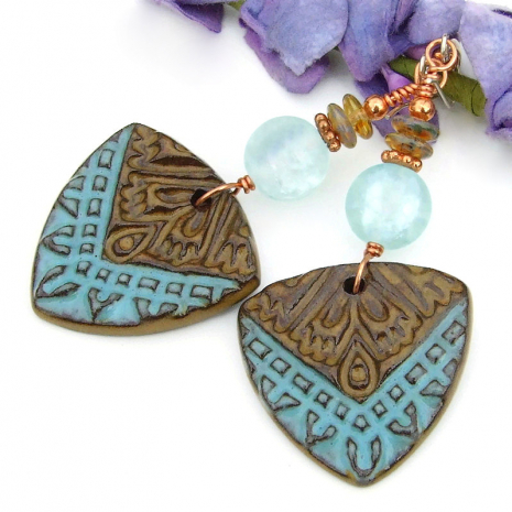 boho tribal shield earrings handmade brown blue crackle quartz