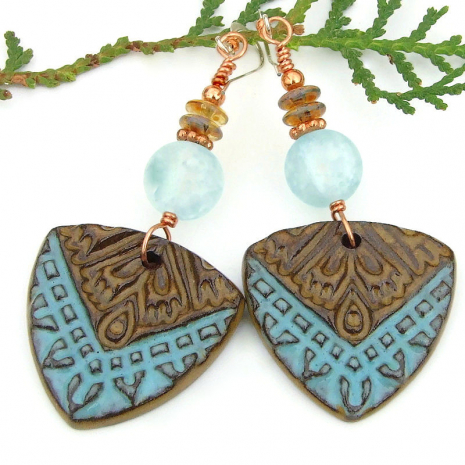 boho tribal shield jewelry handmade brown blue crackle quartz