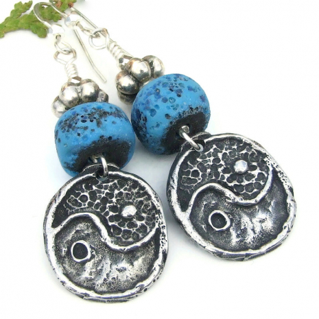 boho yin yang rustic earrings blue lampwork Thai fine silver harmony jewelry