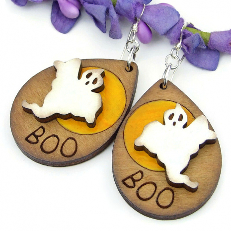 boo ghost moon halloween handmade earrings lightweight wooden