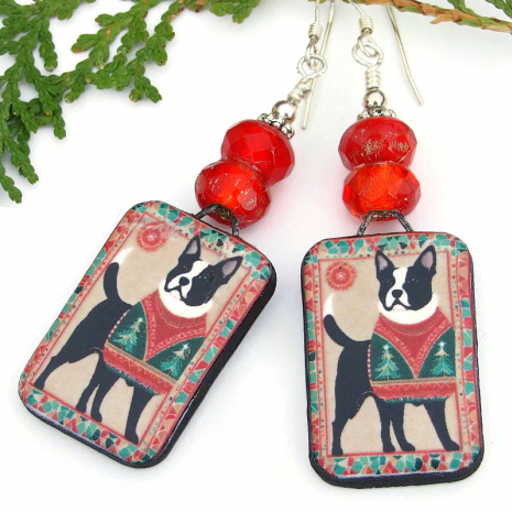 boston terrier dog holiday jewelry handmade ceramic Christmas earrings gift
