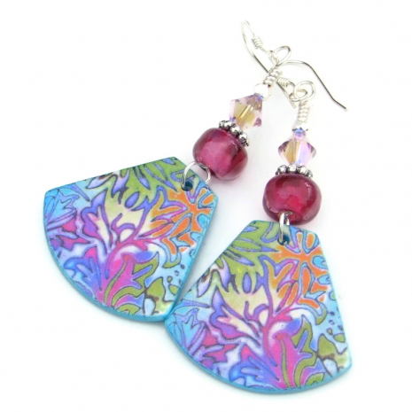 botanical earrings colorful handmade gift for her blue pink green orange