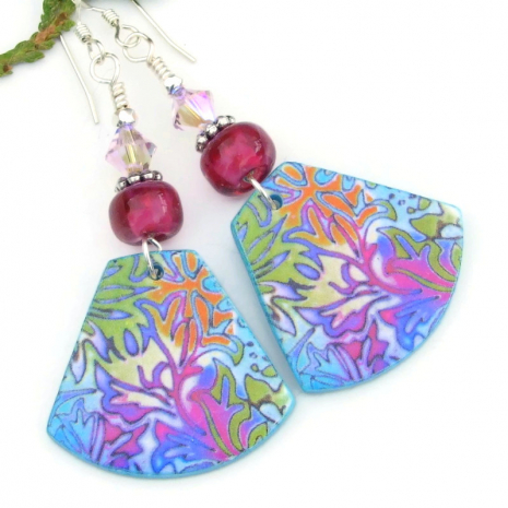botanical earrings lightweight blue pink orange handmade polymer clay jewelry