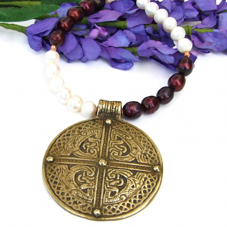 brass celtic cross pendant and pearls necklace
