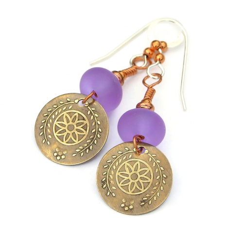 brass flower charm earrings gift for her