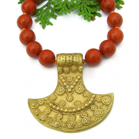 brass nepal tribal shield pendant jewelry red jasper handmade necklace