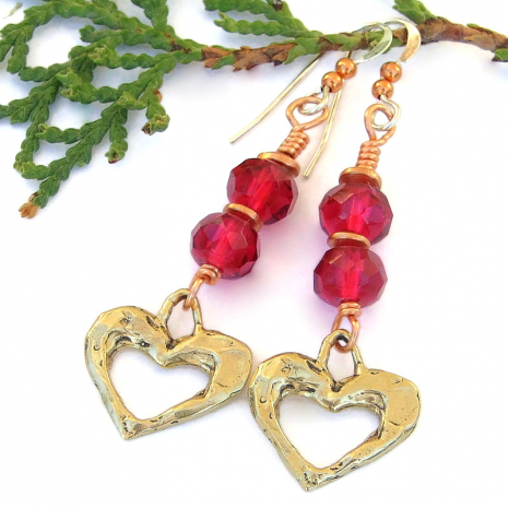 bronze raspberry red heart earrings handmade valentines jewelry