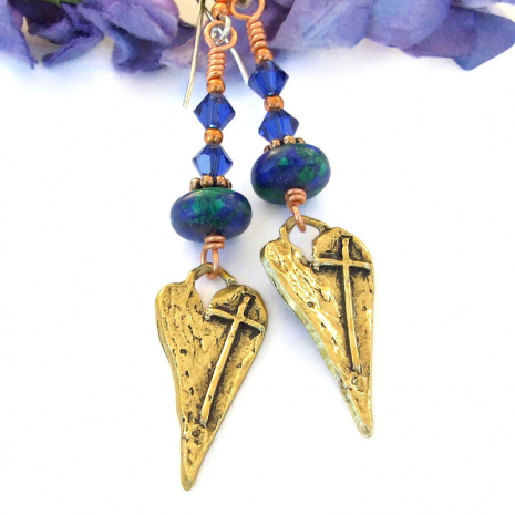 bronze crosses on hearts handmade earrings azurite malachite swarovski crystals