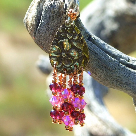 bronze flower chandelier earrings with pink Swarovski crystal dangles red garnet