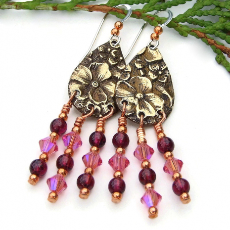 bronze flower chandelier jewelry with pink Swarovski crystal dangles red garnet