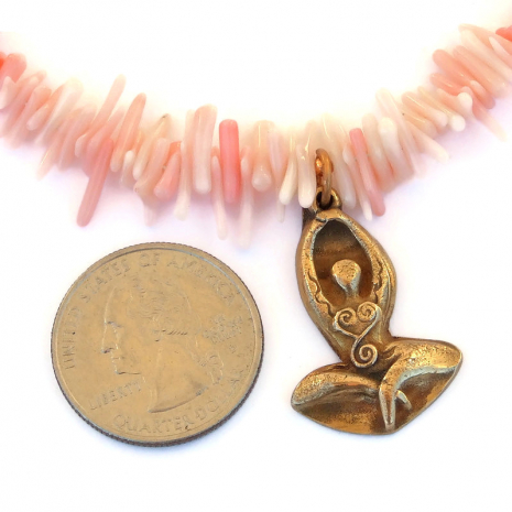 bronze goddess rising pendant jewelry pink coral handmade