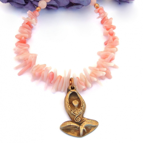bronze goddess rising pendant necklace pink coral handmade