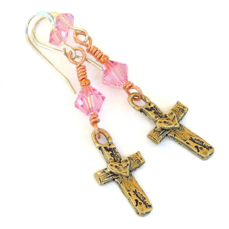 bronze heart on cross Christian earrings handmade religious gift for her