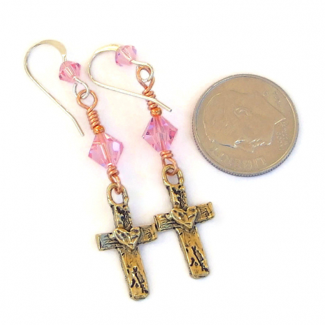bronze heart on cross Christian jewelry handmade religius gift for her