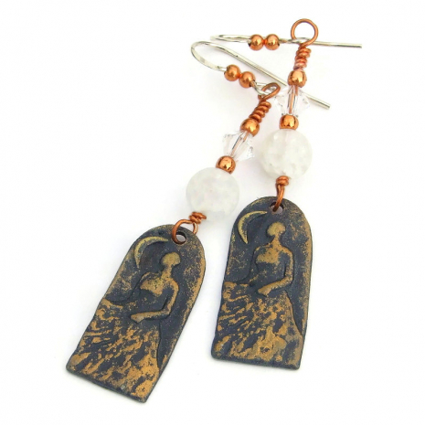 bronze pewter moon goddess handmade earrings celestial gift for her