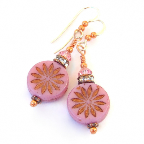 bronze pink flower aster earrings handmade gift for her