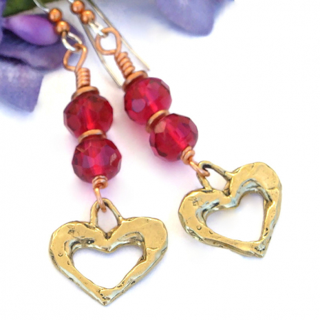 bronze raspberry red heart jewelry handmade valentines earrings