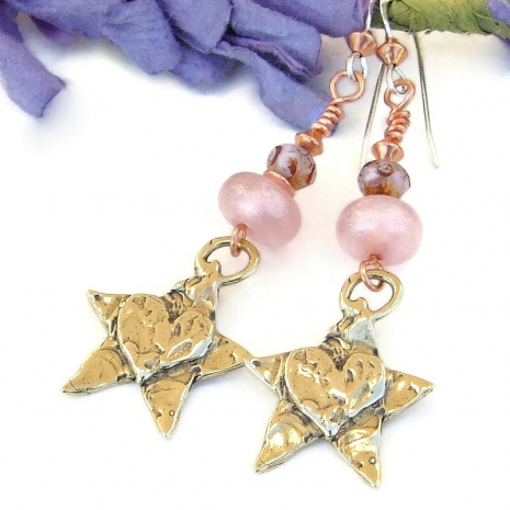 bronze star hearts valentines earrings handmade pink lampwork beads