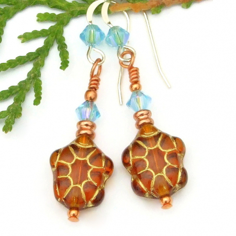 brown gold sea turtle earrings blue swarovski crystals