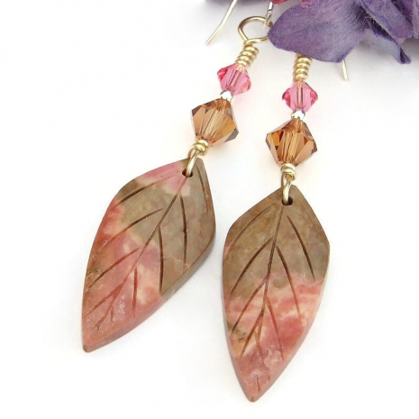 brown pink rhodonite carved leaves handmade jewelry swarovski crystals