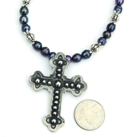 budded cross jewelry with peacock pearls