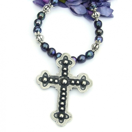 budded cross necklace with peacock pearls