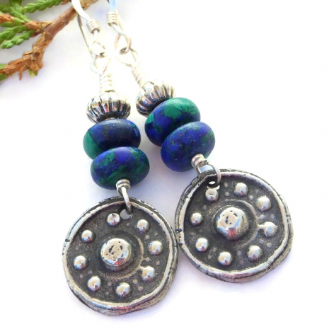 buddhist eightfold path symbolic earrings azurite malachite handmade jewelry
