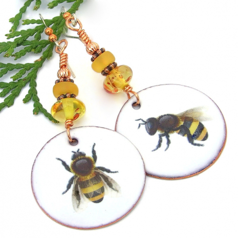 bumble bee handmade earrings amber enamel czech glass jewelry