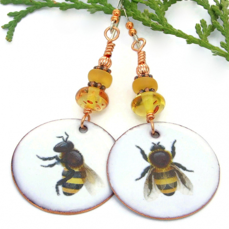 bumble bee handmade jewelry amber enamel czech glass earrings gift